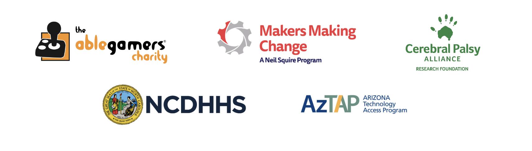 Screenshot 2024-08-29 at 7.53.05 PM An image of partner logos: Able Gamers, Makers Making Change, Cerebral Palsy Alliance Research Foundation, NCDHHS, AZTap